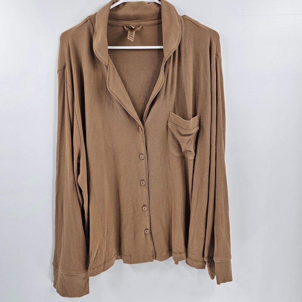 Skims Pajama Top Women's Brown Button-Up Ribbed Comfy Lounge